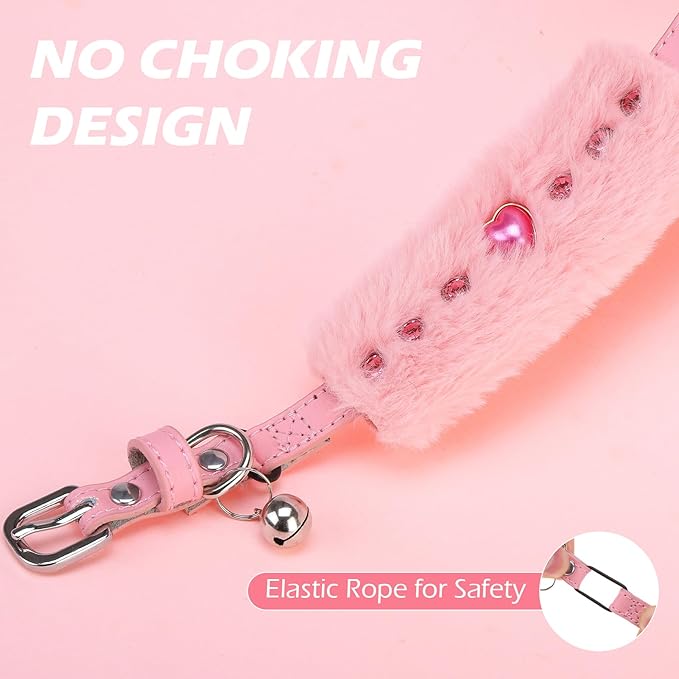 EXPAWLORER Valentine's Day Cat Collar - Adjustable Furry Leather Cat Collars with Pearls and Gemstones for Girl Boy Cats, Elegant Plush Pet Collar with Bell & Durable D-Ring, Pink