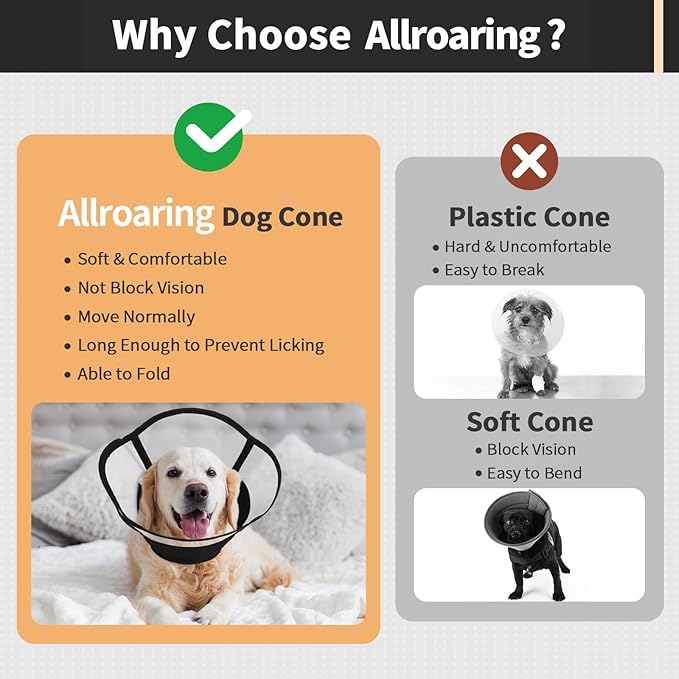 Allroaring Dog Cone, Soft Dog Cones for Small Dogs, Adjustable Doggie Cone Collar to Stop Licking, Professional Pet Recovery Cones E-Collar for Dogs Aftert Surgery Wound Healing, Black S