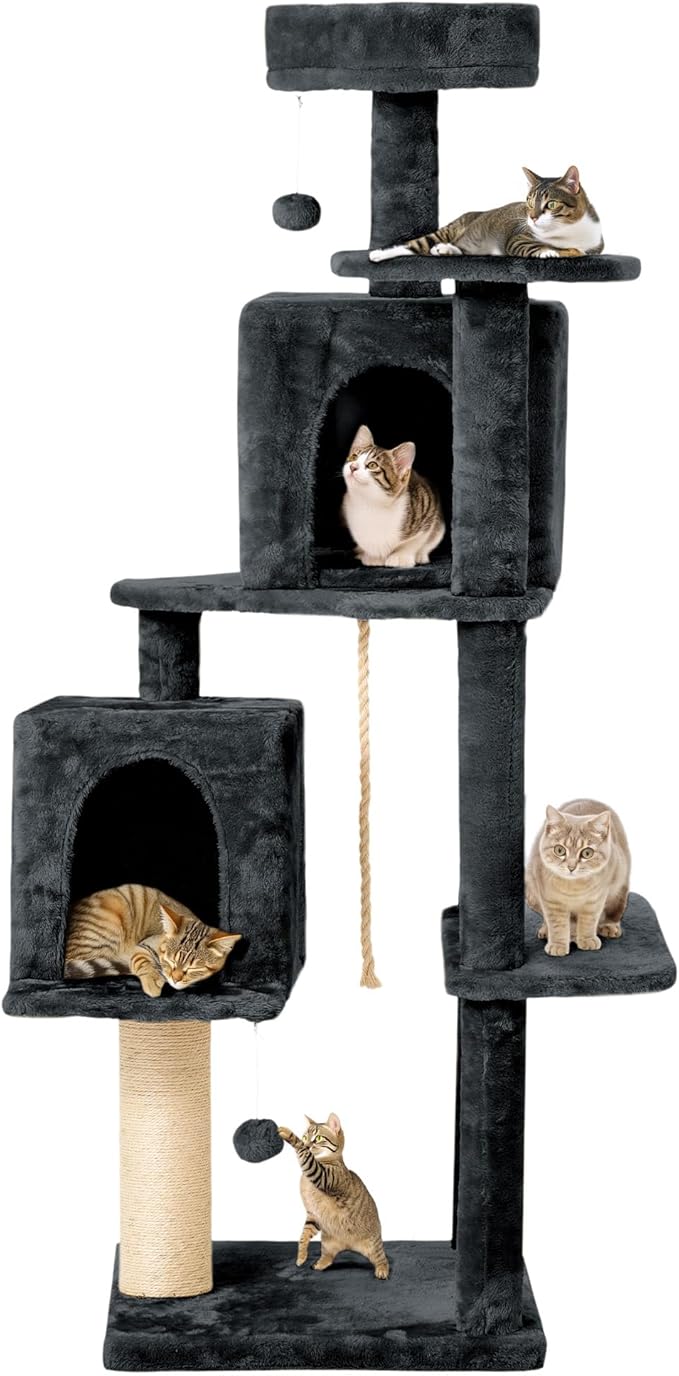 56-Inch Cat Tree for Large Cats, Multi-Level Cat Tower with 2 Condos, Sisal Scratching Posts & Hanging Toys, Sturdy Cat Furniture for Indoor Cats, Space-Saving Design Easy Assembly, Smoke Grey