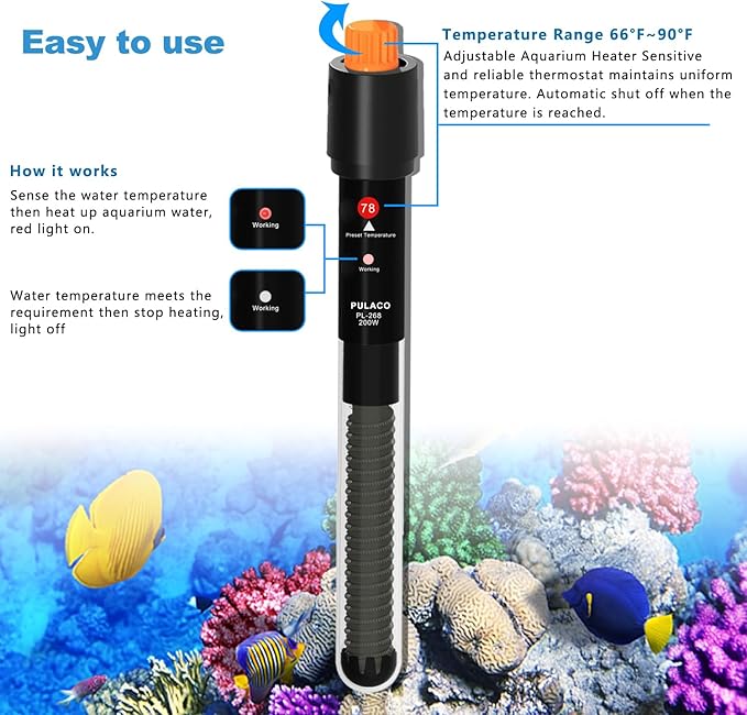 PULACO 200Watt Aquarium Heater for 25-50 Gallon Fish Tank, Adjustable Submersible Heater Thermostat with Thermometer Strip and Suction Cup