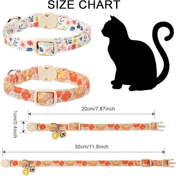 2 Pack Flower Cat Collars Breakaway with Bell, DOGWONG Safety Buckle Rose Floral Cute Cat Collar for Girl Boy Cats，Adjustable 7-12 Inch