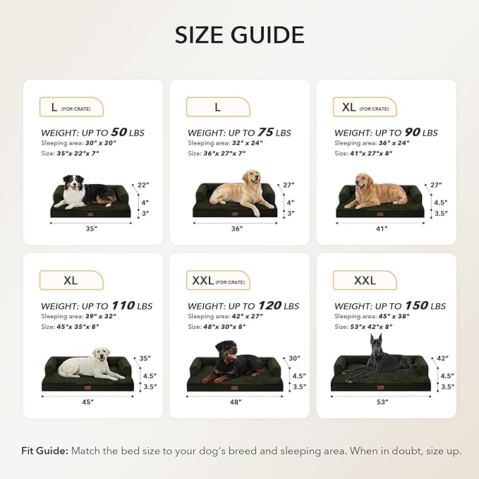 Orthopedic Dog Beds for Extra Large Dogs, Waterproof Egg Crate Foam XL Dog Bed with Sides 41x27Inch, Washable Big Dogs Couch Beds with Removable Cover and Nonskid Bottom, Olive Green