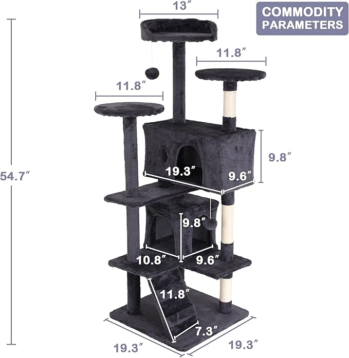 Heavy Duty Cat Tree Tower, 54" Tall Cat Tower for Indoor Cats with Cat Scratching Post with Bed, Cat Condo, Hanging Ball, Multi-Level Cat Climbing Tower Cat Trees Furniture Activity Center, Light Grey