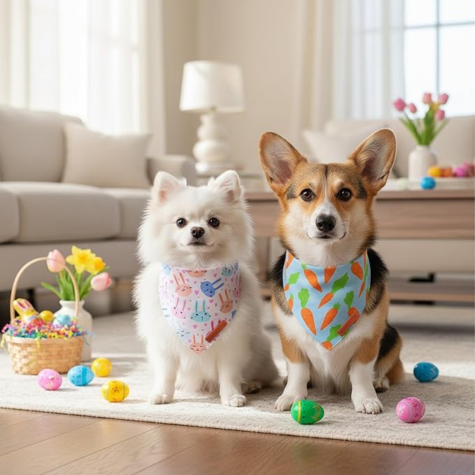 ADOGGYGO Easter Dog Bandanas 2 Pack, Reversible Bunny Carrot Print Puppy Scarf, Premium Fabric, Adjustable Fit Easter Bandana for Small Dogs (Small)