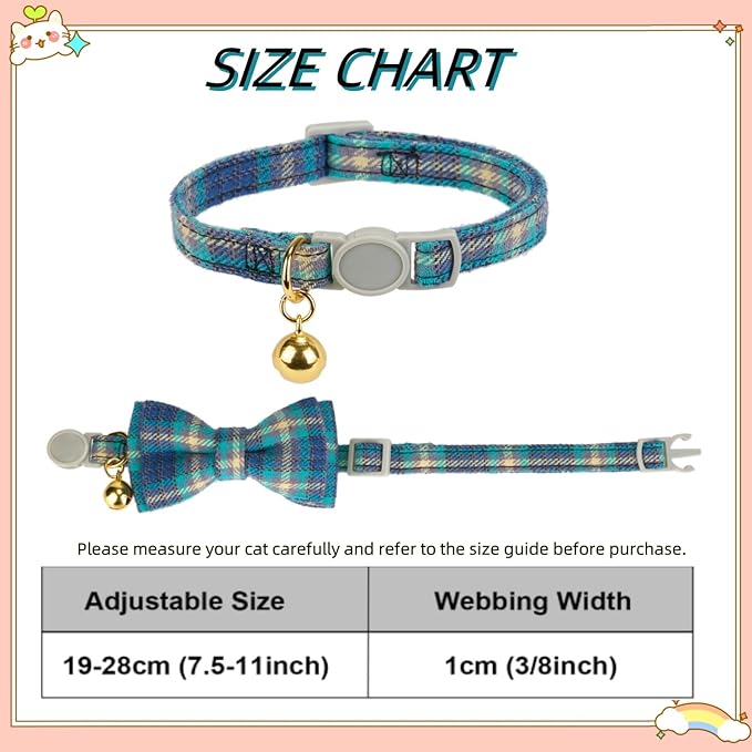 2 Pack Cotton Cat Collar, Removable Bowtie, Plaid Pattern, Safety Breakaway Clasp, Adjustable for Cats.(Adult Cat, Blue and Brown)