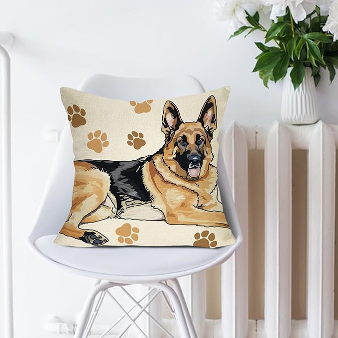 German Shepherd Dog Decorative Throw Pillow Cover 18 x 18, Cute Puppy Paw Prints Porch Outdoor Home Decor, Sofa Couch Cushion Case Pet Dog Owner Lover Gifts
