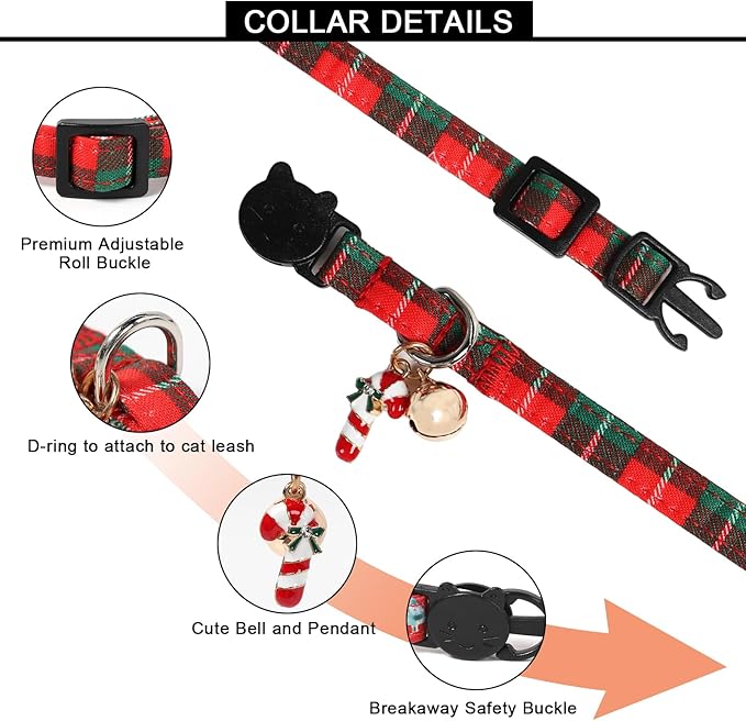 Lionet Paws 2pcs Pack Christmas Cat Collarr,Christmas Tree & Red Green Plaid Cat Kitten Collars with Breakaway Buckle,Ideal for Girl Cats