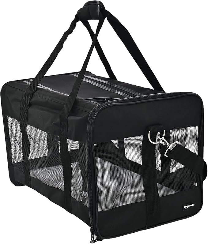 Amazon Basics Airline Approved Soft-Sided Mesh Pet Travel Carrier with Shoulder Strap, Portable, Washable Removable Fleece Pad for Dog, Cat, up to 16 pounds, 16.5" L x 10.6" W x 11" H, Black