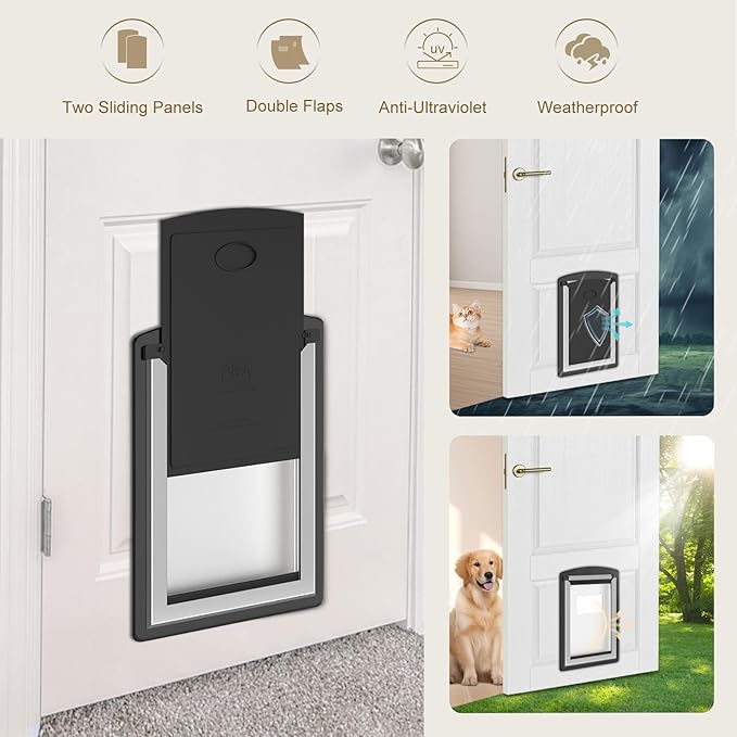 MAVRICFLEX Large Dog Door for Door - All-Stainless Steel Frame, Weather-Resistant Double Soft Flaps, 2 Sliding ABS Panels for Indoor/Outdoor Use, Fits Large Dogs Up to 110 LBS, Easy Install， Black