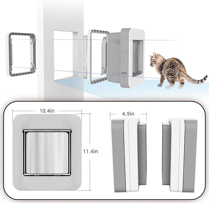 Smart Cat Door with Face Recognition – No Collar Needed, Keyless Entry for Cats（Outer Size 11.4"x10.4"）, App-Controlled Cat Door, Dual Power: Rechargeable Battery or Plug-in