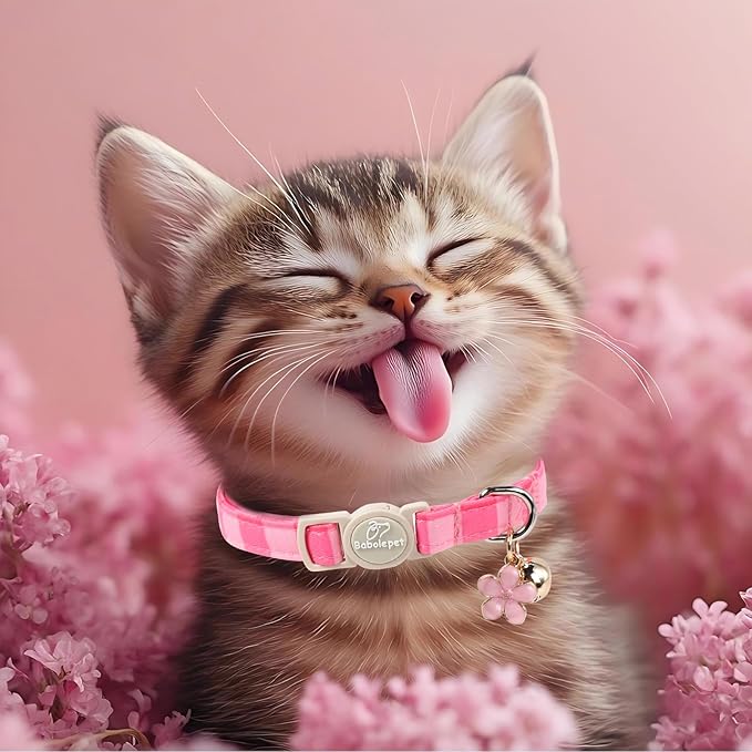 2 Pack Pink Cat Collars - Spring Summer Breakaway Cat Collar with Bell, Bow and Flower Pendant, Adjustable Kitten Collars for Girl Cats, Cute Pink Plaid &Bow