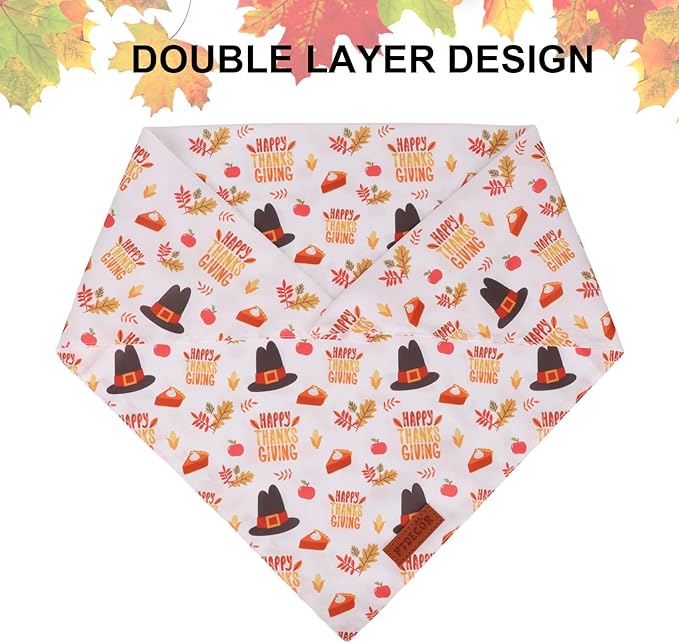 PTDECOR Thanksgiving Fall Dog Bandanas, Orange White Reversible Holiday Pet Scarf, Happy Thanksgiving Pumpkin Triangle Thanksgiving Bandanas for Medium Large Dogs Pets (Large)