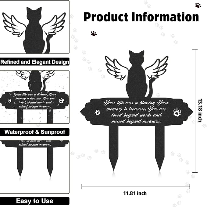 Cat Memorial Decorations - Garden Stakes Markers with Angel Wings, Waterproof Metal Plaques for Cemetery, Cat Grave Decor