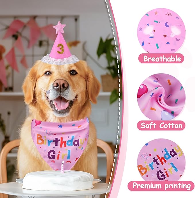 Dog Boy Girl Birthday Party Hat, Dog Birthday Party Supplies, Doggie Birthday Bandana Set with Numbers for Gaint and Extra Large Puppy (Pink)