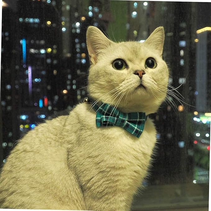 Cat Collar Breakaway with Bell and Bow Tie, Plaid Design Adjustable Safety Kitty Kitten Collars Set of 2 PCS(6.8-10.8in) (Pink&Cyan Plaid)