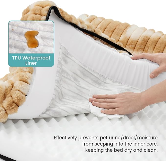 Cute Dog Bed for Medium Dogs, Faux Rabbit Fur Orthopedic Foam Dog Bed with Sides, Removable Washable Cover & Waterproof Lining, Comfortable Pet Couch, Tie-Dye Brown (36" L x 20" W x 6" Th)