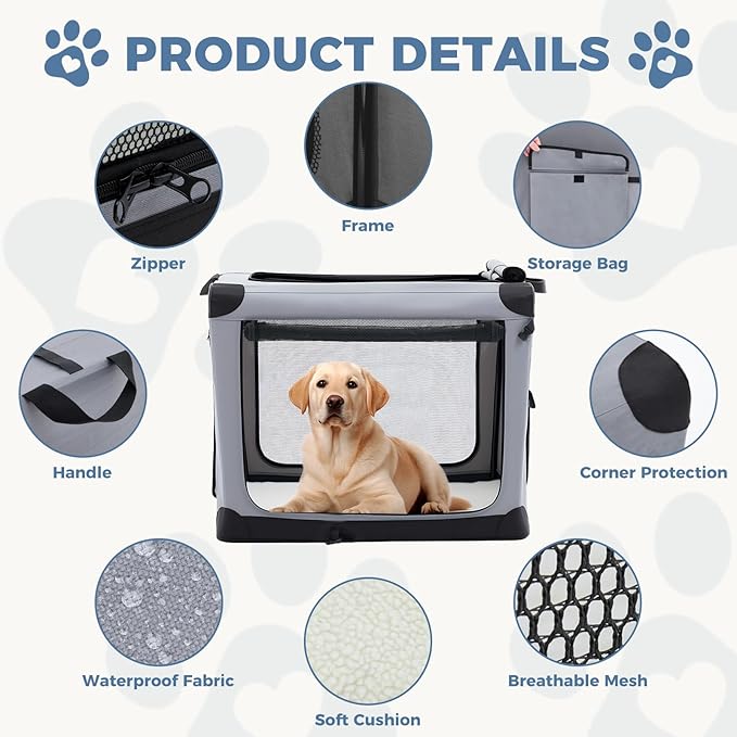 DUMOS Dog Crate 42 Inch Travel Cat Pet Carrier for Extra Large Dog, Portable Foldable Soft Pet Crate with Storage Bag & Washable Pad for Indoor Outdoor Dog Kennel Carrier (XL-80lbs, Grey)