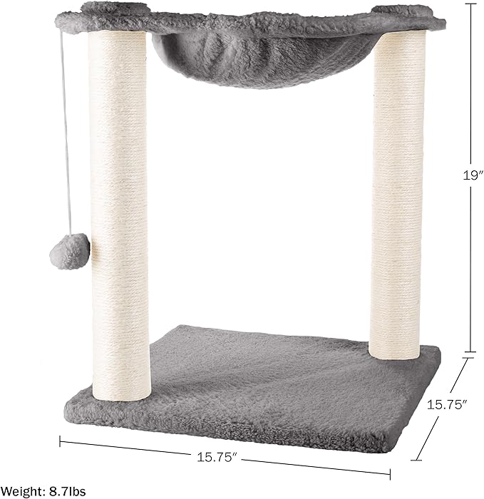 Cat Hammock with Scratching Posts for Indoor Cats - 19-Inch-Tall Cat Tree with Hanging Ball Toy for Adult Cats and Kittens by PETMAKER (Gray)
