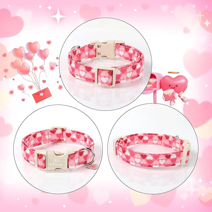 Valentines Dog Collar for Medium Dogs - Cute Valentine Pink Hearts Girl Dog Collars, Adjustable Girly Puppy Collar with Quick Release Buckle for Female Dogs M