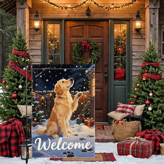 Golden Retriever Welcome Garden Flag 12x18 Inch Double Sided Christmas Winter Burlap Outdoor Yard Decoration Holiday Dog Banner for Porch Patio Lawn