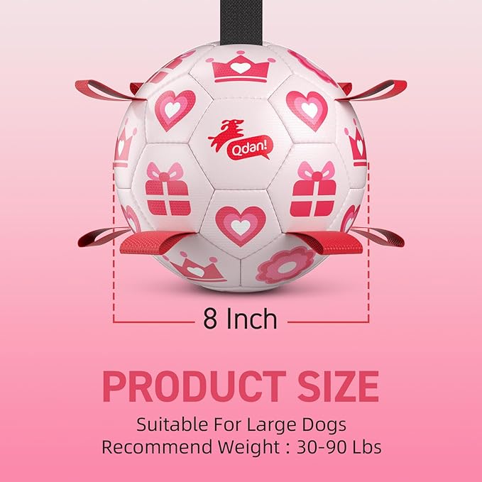 QDAN Valentines Gift Dog Toys, Pink Soccer Ball with Straps, Interactive Tug of War Toy, Puppy Birthday Gifts, Water Toy, Durable Dog Balls for Medium Large (8 Inch)