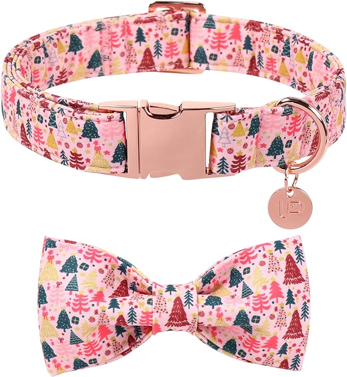 Christmas Dog Collar with Bow Tie, Pink Christmas Tree Collars for Dogs, Adjustable Pet Collar with Cute Xmas Tree Pendant, Winter Dog Accessories for Small Medium Large Dogs M