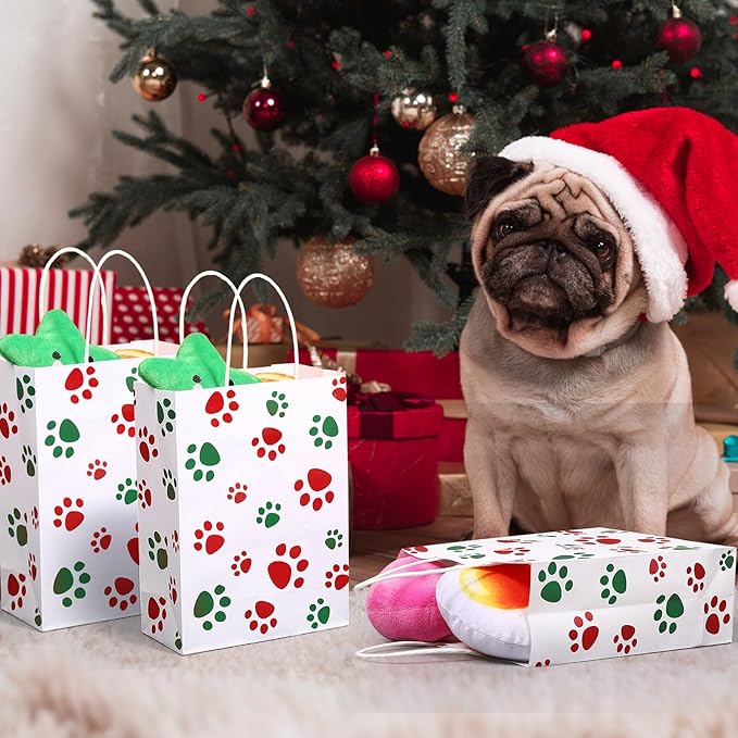 Blulu 20 Pcs Christmas Red Green Puppy Dog Paw Gift Bags with Paper Twist Handles, Dog Paper Gift Paw Treat Goodie Bags for Pet Treat Party Favor, 6.3 x 3.1 x 8.6 Inch