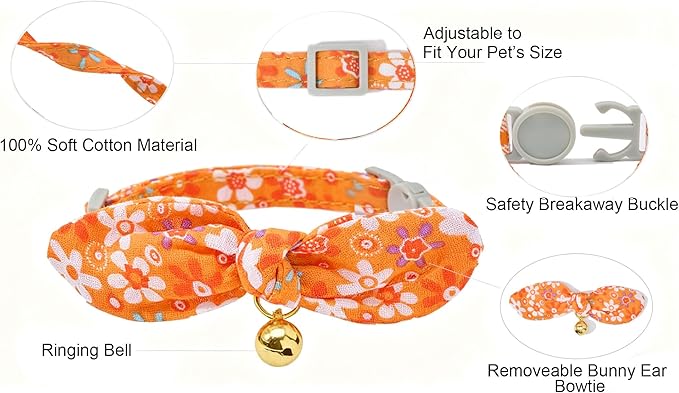 Bowtie Cat Collar with Bell 2 Pack Cotton Breakaway Kitten Collars with Removeable Bunny Ear Stylish Cat Collars(Floral Orange & Plaid)
