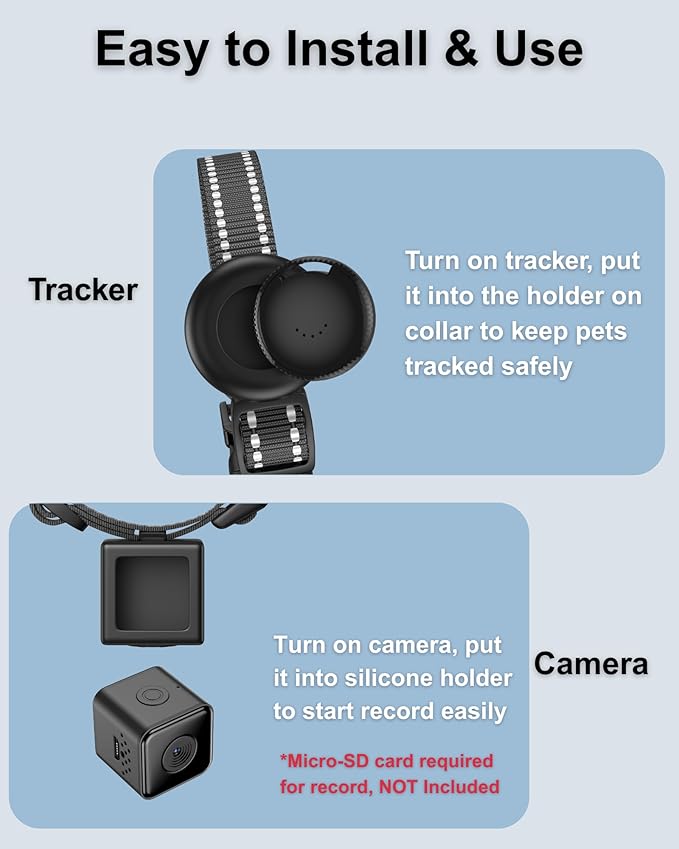 Cat Camera Collar with Tracker Tag, 1080P HD Video Recording Pet POV Cam, NO WiFi NO APP, Body Camera for Cat/Dog Tracking (No Micro-SD Card Included)