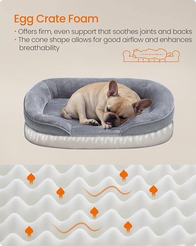 Feandrea Dog Bed, Medium Orthopaedic Dog Sofa Bed, 30 x 20 x 7 Inches, Egg Crate Foam, Waterproof Liner, Raised Edges, Removable and Machine Washable Cover, Non-Slip, Light Gray UPGW281G01