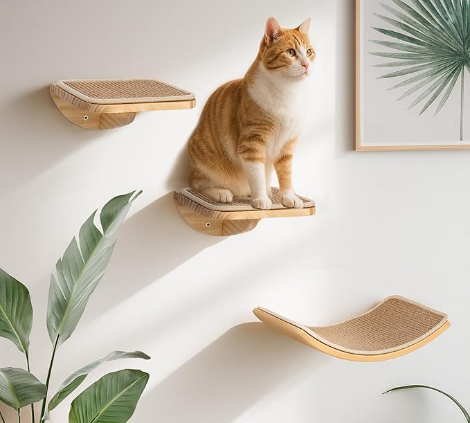 Wood Cat Wall Shelves with Sisal Mat – Cats Wall Furniture Steps for Large Cats, Perfect for Play and Vertical Movement