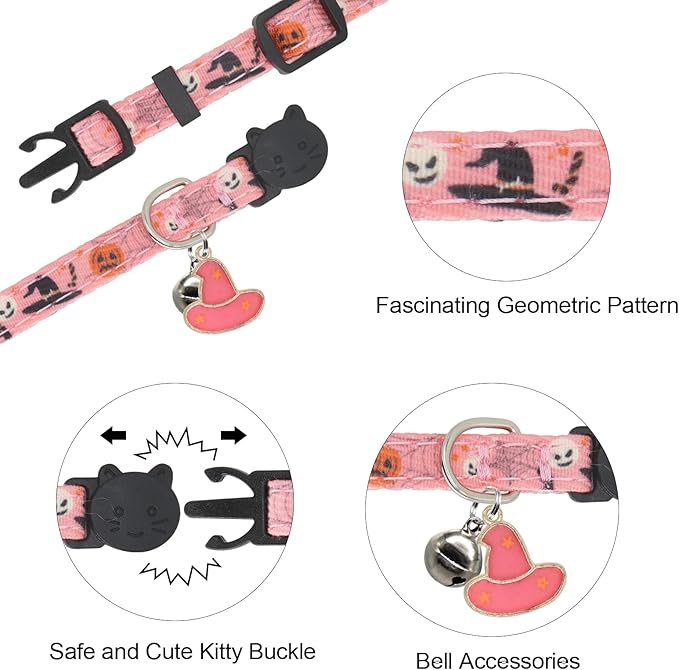Halloween Cat Collar, Cotton 2 Pack Cat Collar with Bells, Breakaway Collars for Girl Boy Cats Kittens, Halloween Pink
