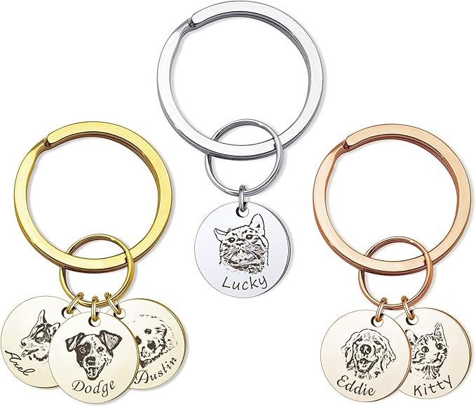 Anavia Personalized Pet Portrait Keychain, Customized Pet Photo Handmade Engraved Cat Dog Memorial Keepsake Sympathy Gifts