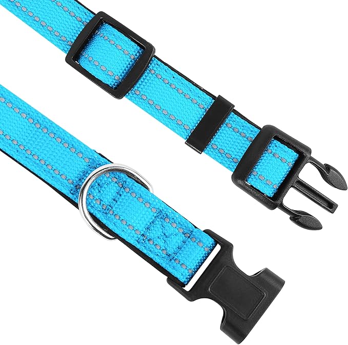 Reflective Dog Collar, Adjustable Soft Neoprene Padded Nylon Pet Collars with Buckle for Puppy and Small Dogs, Cats, Sky Blue,XS