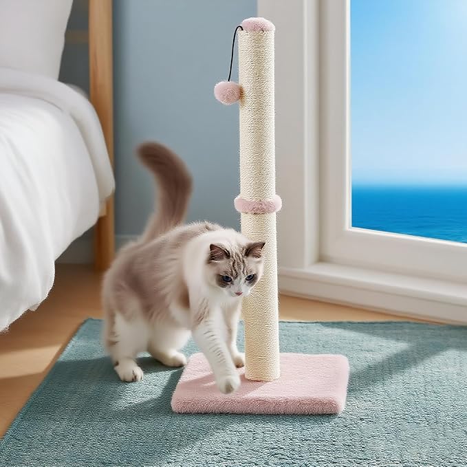 Dimaka Tall Cat Scratching Post, Claw Scratcher with Sisal Rope and Covered with Soft Smooth Plush, Vertical Scratch [Full Strectch] for Standard Size Cats (Pink, 29 inches for All Cats)