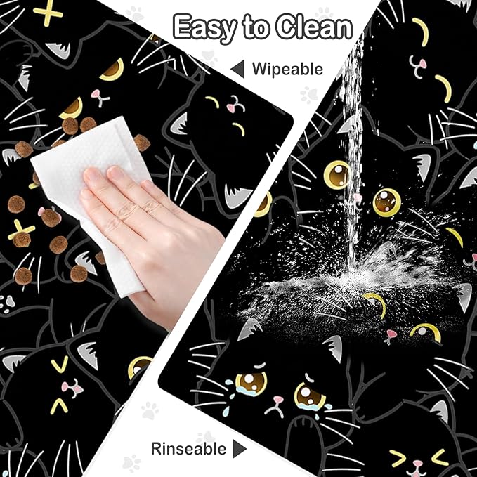 Cat Food Mat for Pet Dog Food Mat, Black Cat Absorbent Quick Dry Dog Bowl Mats for Food and Water, Non-Slip Cat Pet Feeding Mats for Floor Placemats 12"x20"