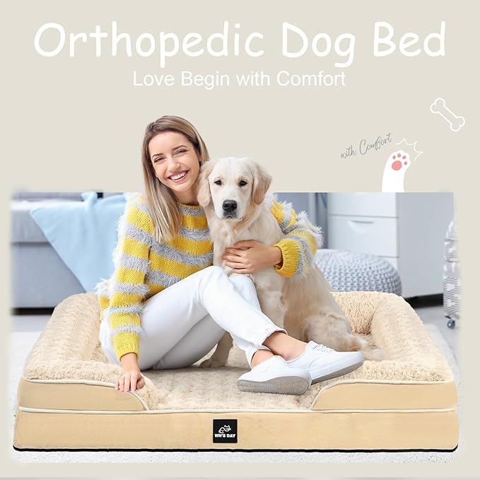 Orthopedic Dog Bed for Large Medium Sized, Washable Memory Foam Large Dog Bed, Durable Medium Pet Sofa with Removable Cover, Washable Waterproof Pet Couch Beds(Beige, XXL)