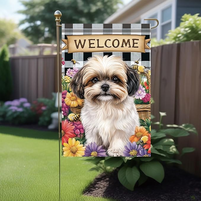 Spring Summer Garden Flag Shih Tzu Dog Flag 12x18 Inch Double-Sided Cute Puppy Yard Banner Buffalo Plaid Floral Outdoor Decor for Porch Lawn Pathway Dog Lover Housewarming