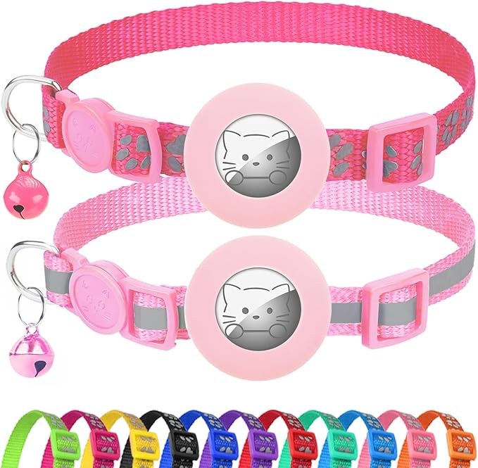 Joytale AirTag Cat Collar 2 Pack with Breakaway Safety Buckle, Reflective Cats Collar with AirTag Holder, Adjustable 7.5-12.5 Inch, Anti-Fraying Lightweight for Girl Boy Kitten, Pink