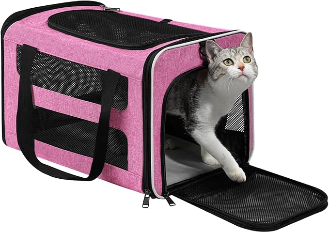 Cat Carrier Soft-Sided Travel Bag for Medium to Large Cats Over 15lbs, Small Dog Carrier Crate Top Entry Breathable Mesh Puppy 12 Pounds, Pet Rabbit Carrying Cage Kennel Collapsible Pink