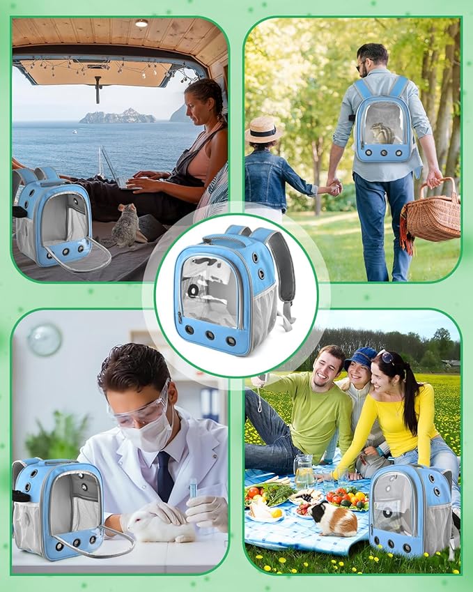 Guinea Pig Carrier Backpack, Portable Rabbit Travel Carring Bag for Pet Bunny Chinchilla Bearded Dragon Hamster Parrot Outgoing Pouch Case with Water Bottle Holder & Detachable Pad (Sky Blue)