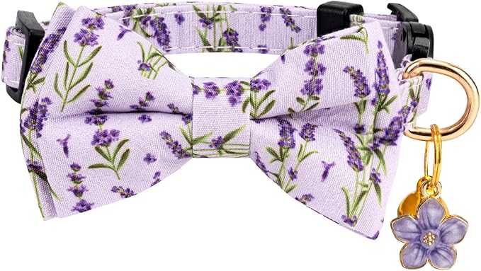2 Pack Breakaway Cat Collar with Removable Bow Tie and Bell for Boy Girl Cats,Cute Cotton Kitten Collar with Purple Lavender and Red Flower Pattern for Female Male Cats (Lavender&Flower)