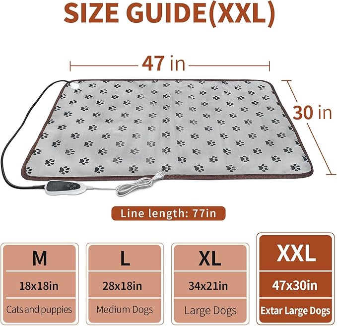 Extra Large Dog Heating Pad 47x30 in with Smart Thermostat Switch and Power Line Protection Tube,Obtained MET and UL Dual Certification,Waterproof Pet Heating pad-Paw Print
