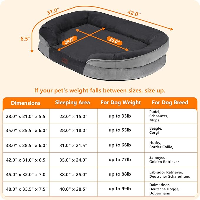 Dwanton Orthopedic Dog Bed for Large Dogs with Gel Memory Foam, Waterproof Dog Sofa, Washable Pet Bed with Four Sided Bolster Cushion, Removable Cover & Non-Slip Bottom, 42", Dark Gray