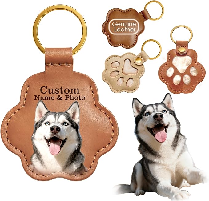 Personalized Pet Memorial Gifts for Dogs, Custom Name Paw Shaped Leather Keychain, Dog Fur Keepsake for Bag or Key
