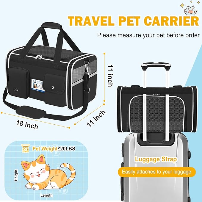 HUANLANG Soft-Sided Cat Carrier Airline Approved,Dog Carriers for Small Dogs Medium Cats,Pet Travel Carrier Up to 20 Lbs,Collapsible Cat Bag