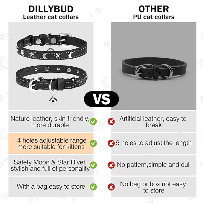 Leather Cat Collars for Boy Girl Cats with Bell and Safety Elastic Belt, Personalized Star and Moon Stud Adjustable Safe Buckle Collar for Kitty Small Big Cats Size 7-9 Inch, Black