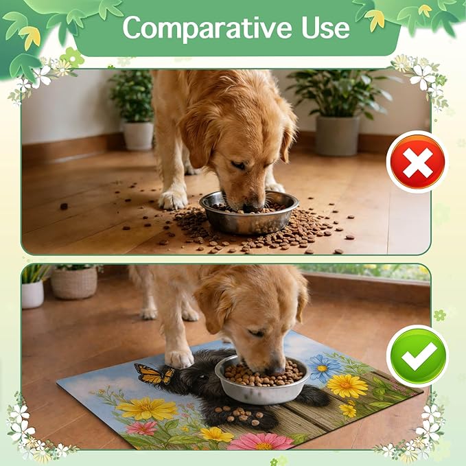 Spring Pet Feeding Mat 24" x 16"Puppy and Butterfly Floral Garden Design Non Slip Cat and Dog Bowl Mat Easy Clean Pet Food Mat Pet Placemat for Dog and Cat Feeding Area Kitchen Floor Decor