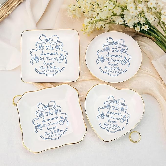 Personalized Ring Dish Engagement Gift, Whimsical Doodle Engaged Ring Holder, Custom Wedding Jewelry Dish, Jewelry Tray Gifts for Newly Engaged Couple Her Bride Wife Bestie