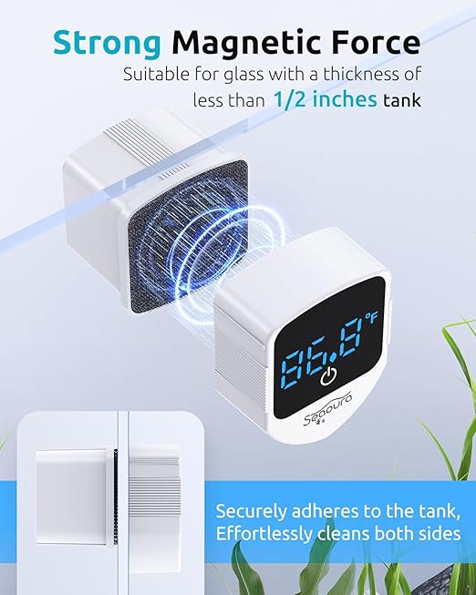 SEAOURA 2-in-1 Mini Aquarium Magnetic Cleaner with Digital Thermometer, Fish Aquariums Magnets Brush only for Glass Tank,Tiny Magnet Floating Cleaning Tool for 1-30 Gallons